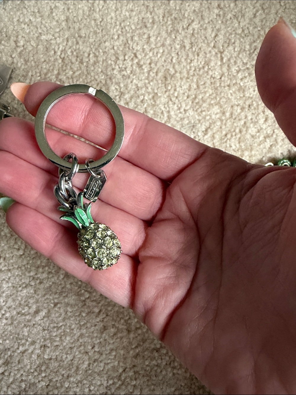 Coach Silver Keyring with Green Crystal Pineapple Charm